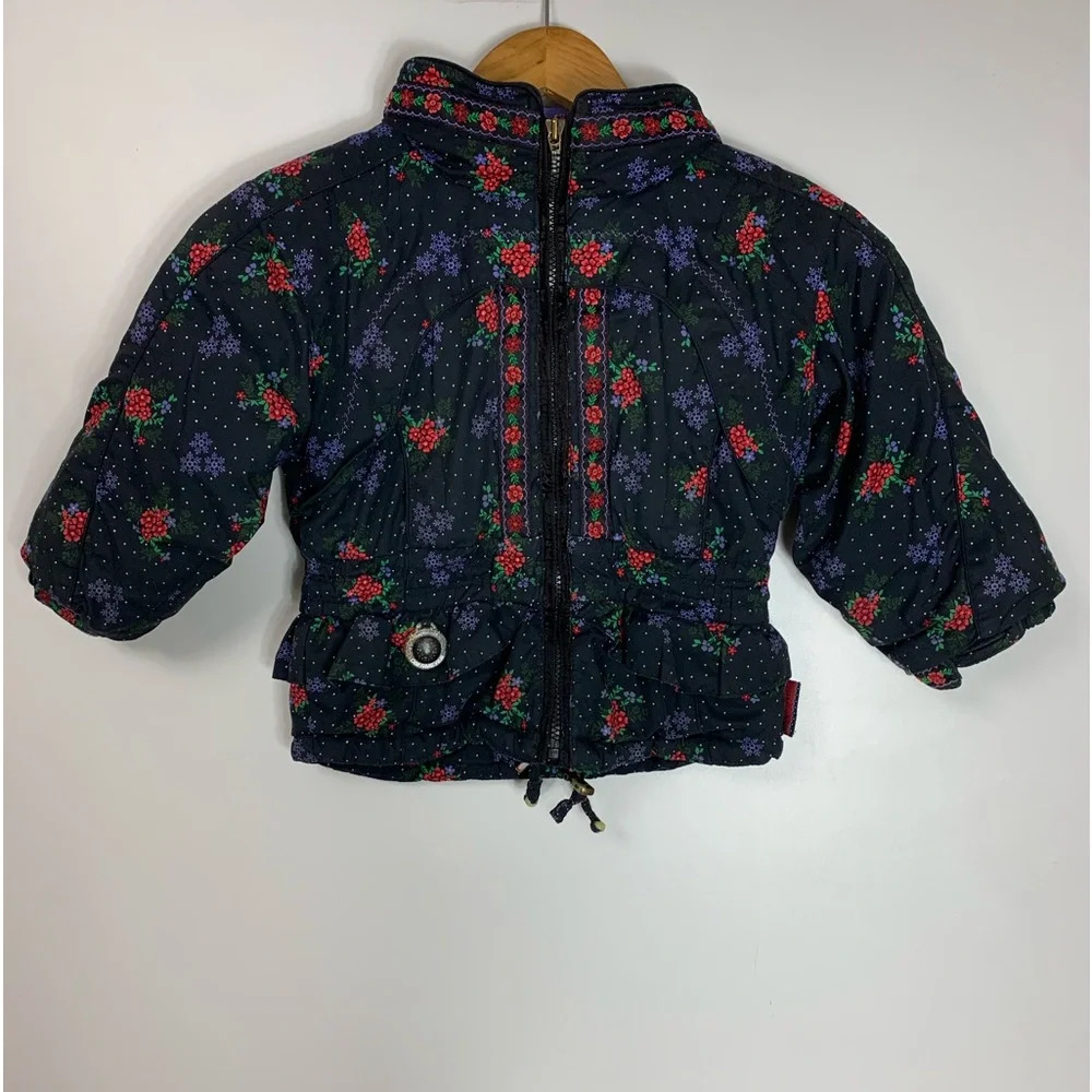 Obermeyer Kids Jacket  Ski Coat I-Grow Size 4 Black/Red Floral Snowflakes Hooded